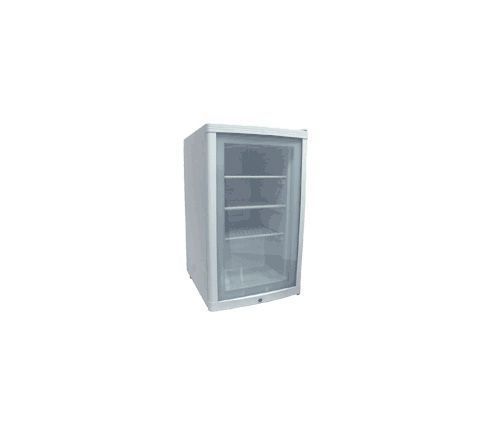 Un pequeño refrigerador con puerta de cristal y estantes.