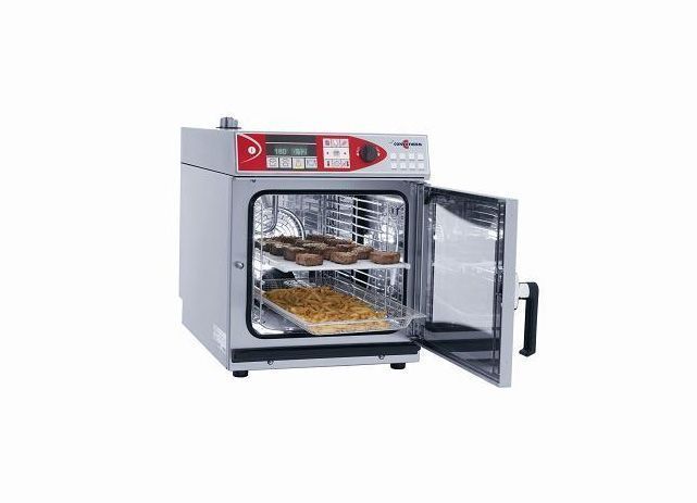 Un horno de acero inoxidable con la puerta abierta y una bandeja con comida dentro.