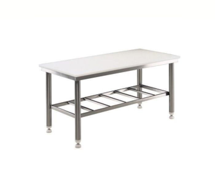 Una mesa de acero inoxidable con tapa blanca y un estante debajo.