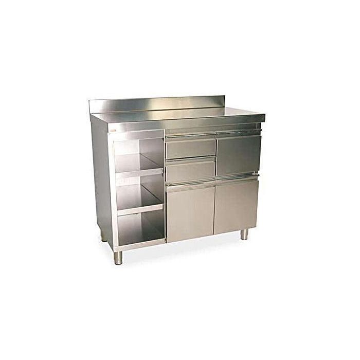 Un armario de acero inoxidable con cajones y estantes sobre un fondo blanco.