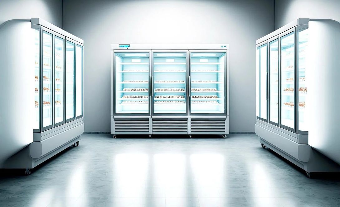 Una habitación llena de refrigeradores con puertas de vidrio.