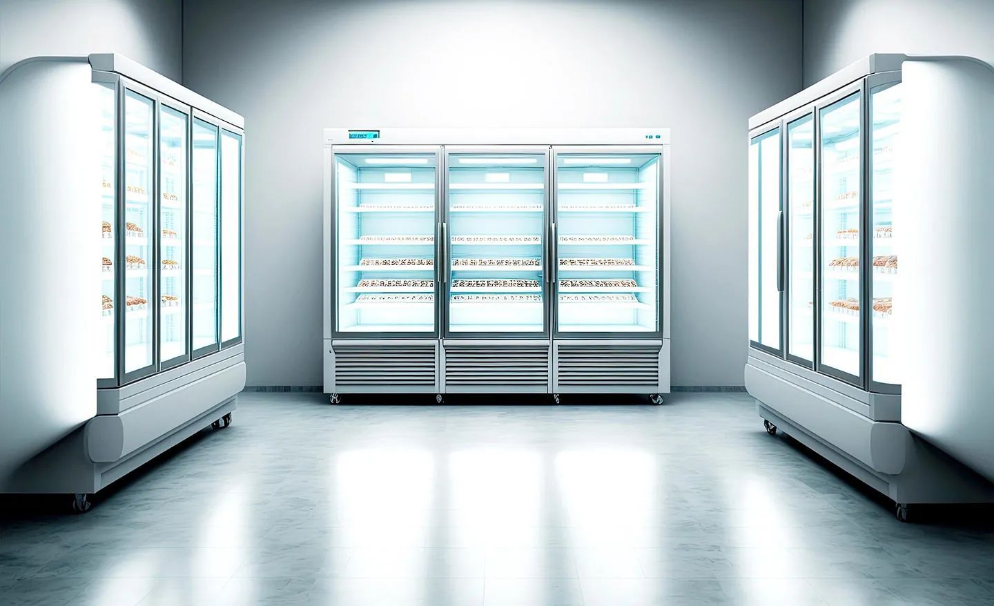 Una habitación llena de refrigeradores con puertas de vidrio.