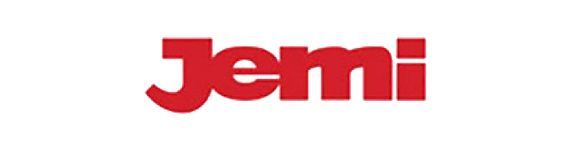 Un logotipo de Jemi rojo sobre un fondo blanco