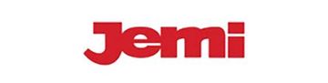 Un logotipo de Jemi rojo sobre un fondo blanco