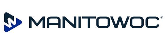 Un logotipo azul y blanco de Manitowac sobre un fondo blanco.