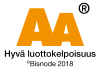 AA Luottokelpoisuus -logo oransseilla kirjaimilla ja mustalla tekstillä valkoisella taustalla