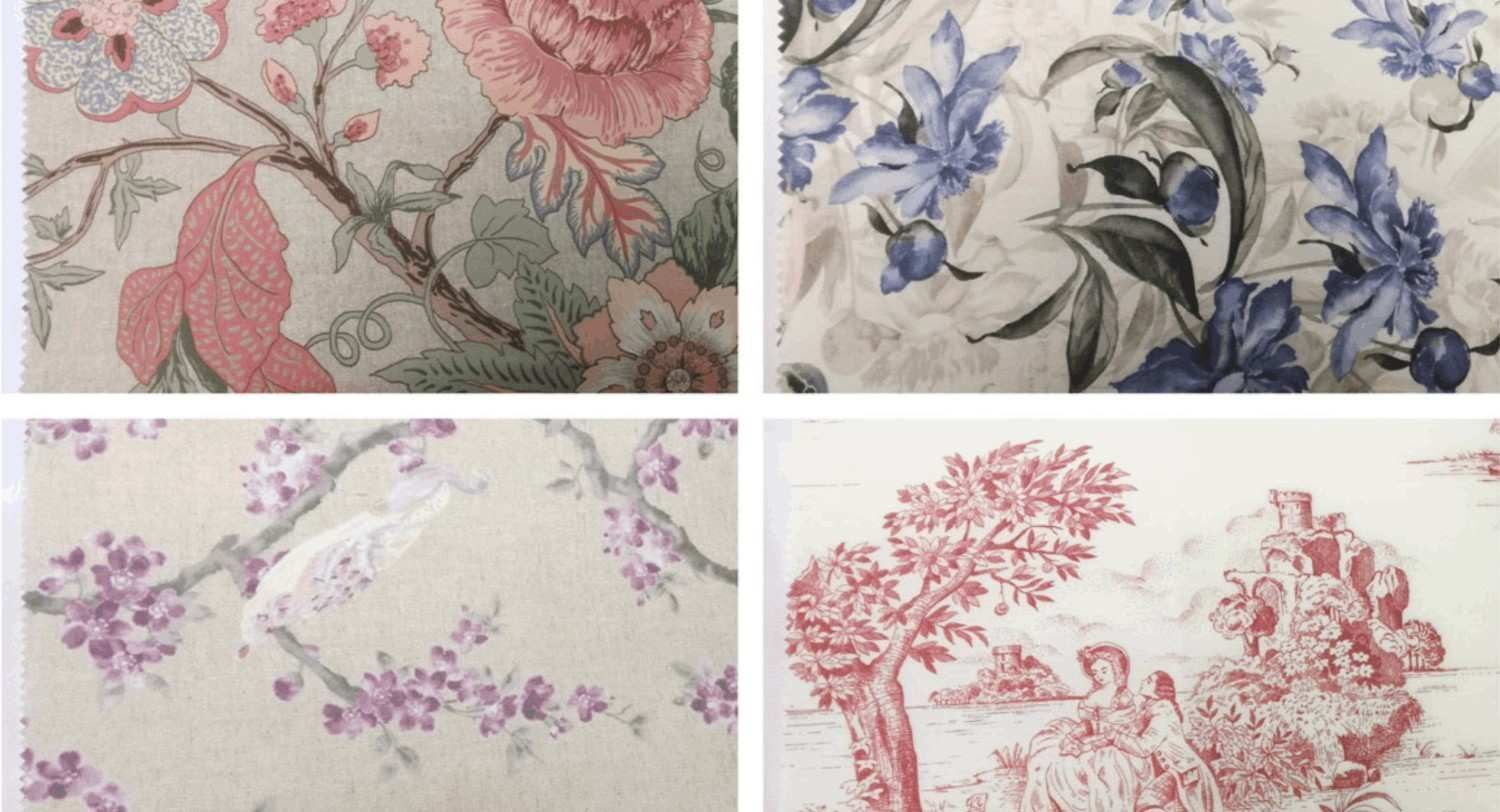 Cuatro muestras de tela con estampados florales, ramas en flor y una escena en rojo y blanco con personas y árboles.