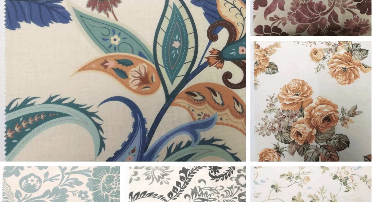 Un collage de muestras de tela con estampados florales y de cachemir en tonos azules, naranjas, crema y grises apagados.
