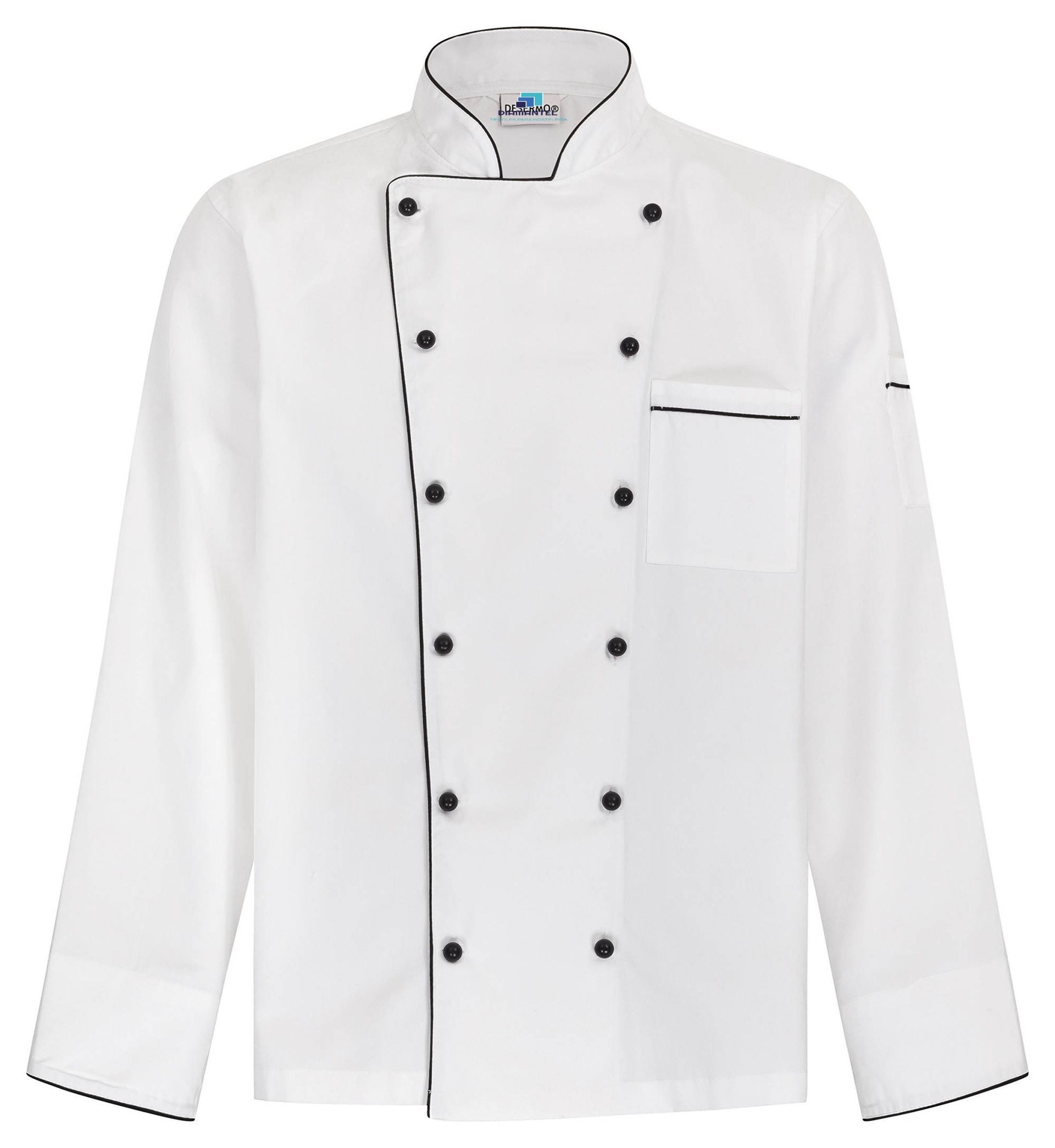 Chaqueta de chef blanca de manga larga con ribetes negros en el cuello, los puños y la tapeta de botones, de corte cruzado.
