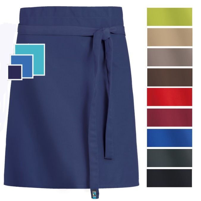 Un delantal azul marino con cinturón, expuesto junto a una paleta vertical con diez opciones de color diferentes.