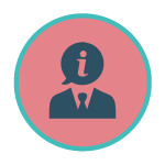 Silhouette bleu foncé d'une personne en costume avec une bulle de dialogue, centrée dans un cercle rose à bordure turquoise.