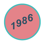 Le texte 1986 en bleu foncé, incliné, à l’intérieur d’un cercle rose bordé de turquoise.
