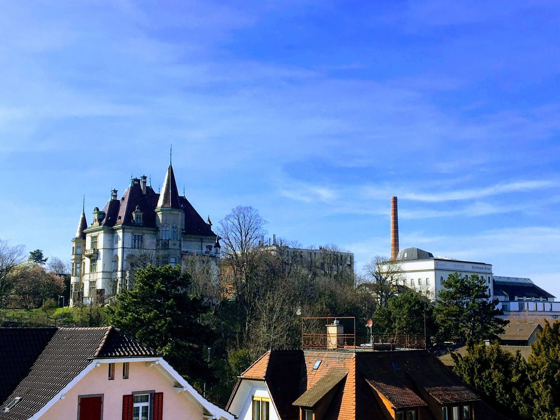 Ein Blick auf eine Stadt mit einer Burg im Hintergrund