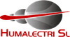 Logotipo de Humaelectri SL con una franja roja sobre esferas grises y texto rojo.