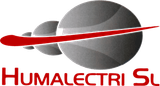 Logotipo de Humaelectri SL con una franja roja sobre esferas grises y texto rojo.