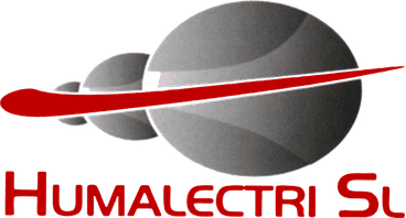 Logotipo de Humaelectri SL con una franja roja sobre esferas grises y texto rojo.