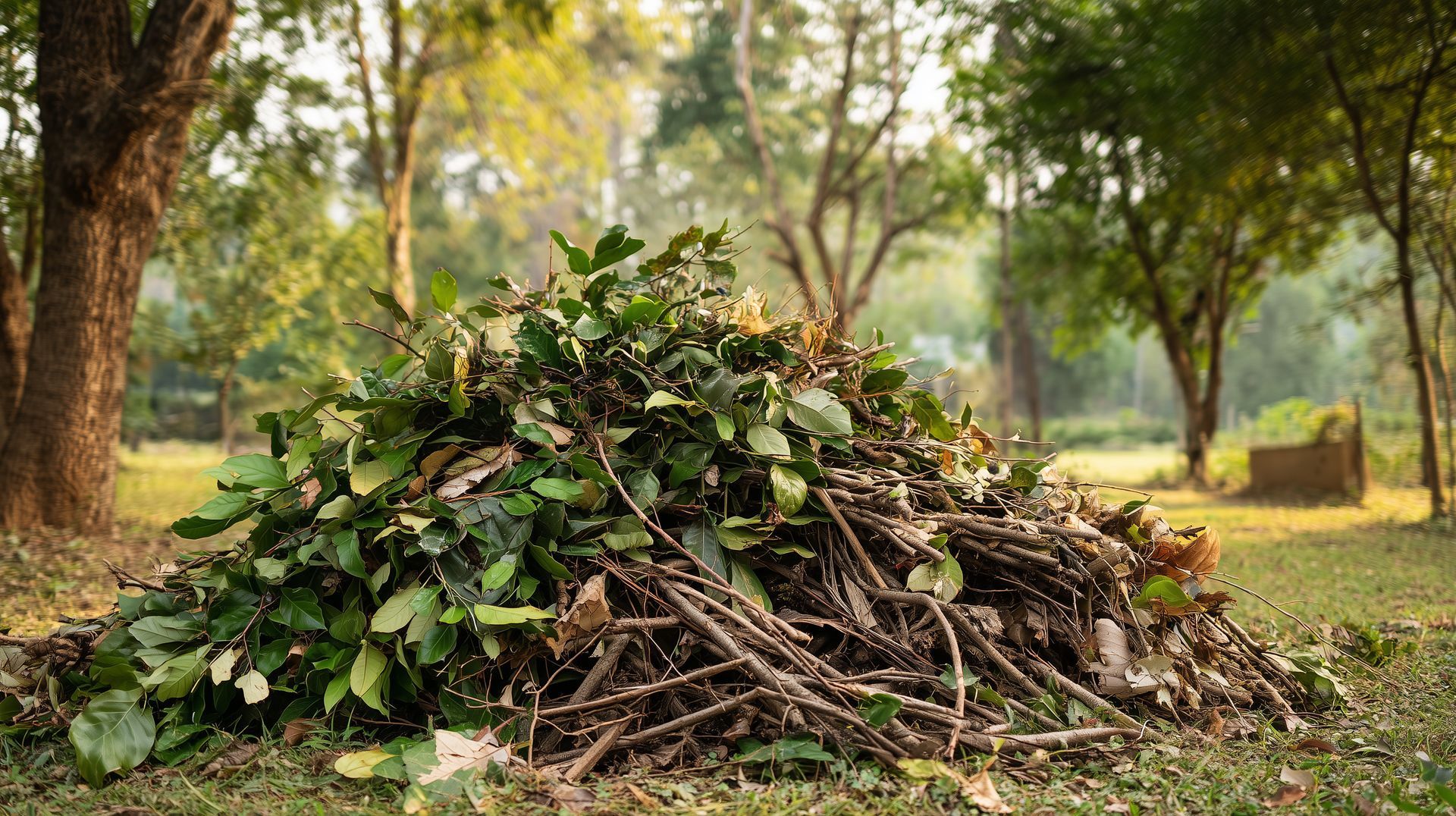 Un tas de feuilles vertes et de branches dans un parc ensoleillé, au milieu des arbres.