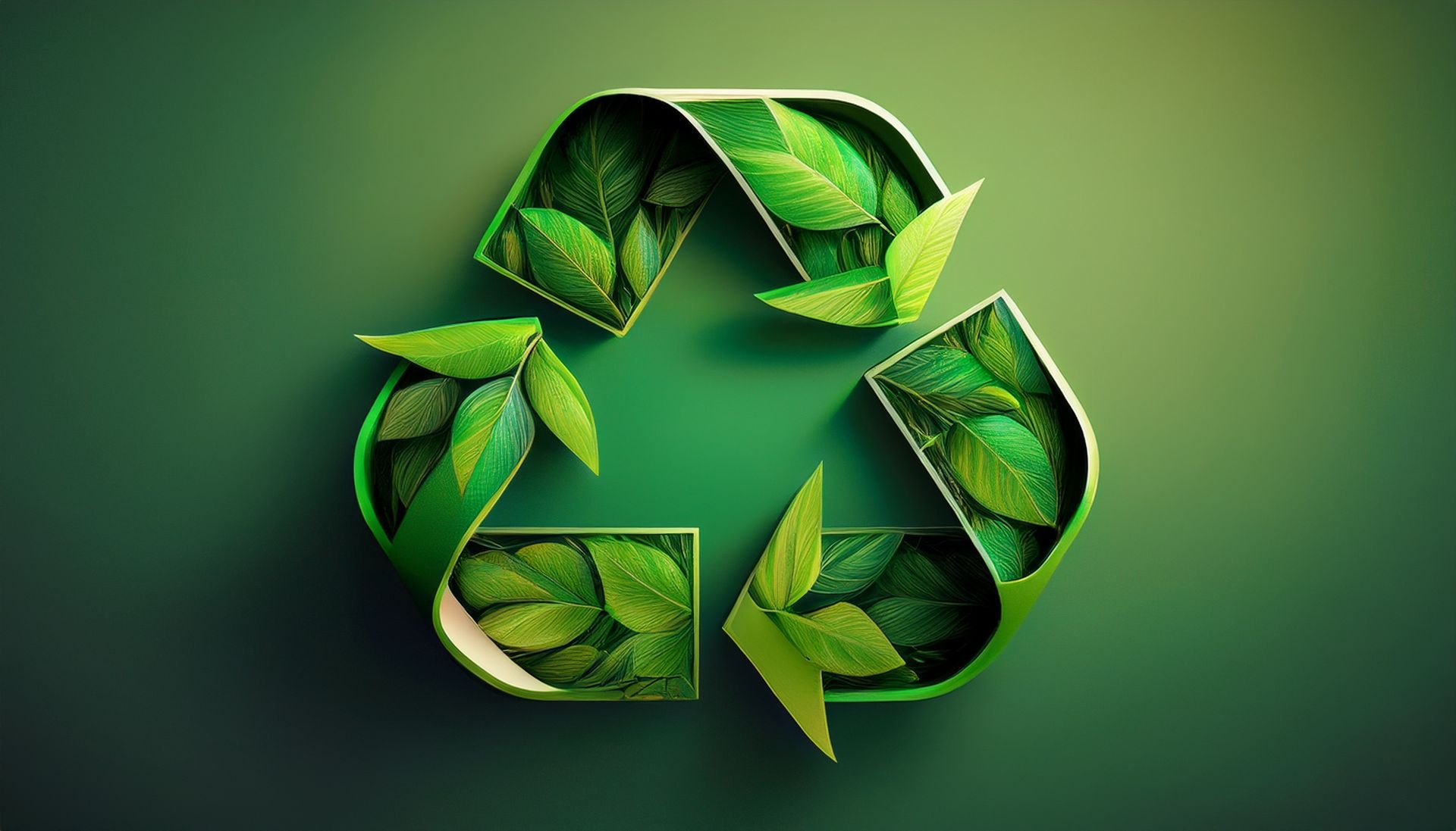 Symbole de recyclage vert composé de feuilles sur un fond vert dégradé.