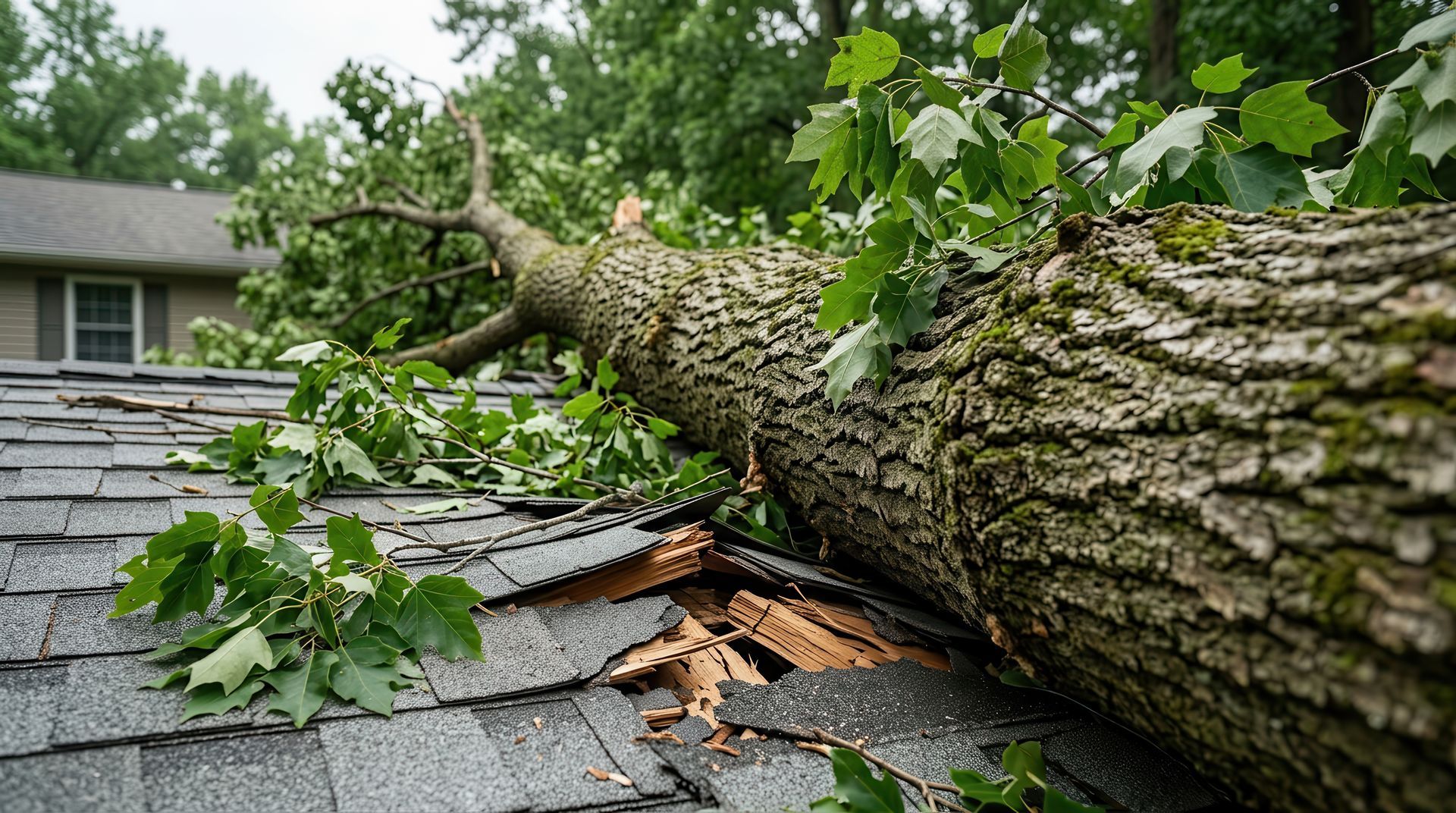 Un tronc d'arbre tombé écrase les tuiles du toit d'une maison, laissant apparaître des feuilles vertes et des morceaux de bois brisés.