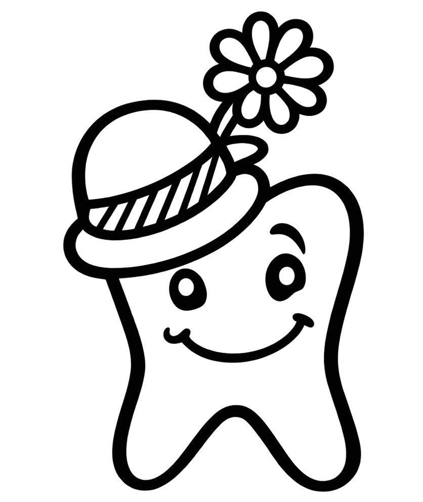 Ein lächelnder Cartoon-Zahn mit einem Hut und einer Blume