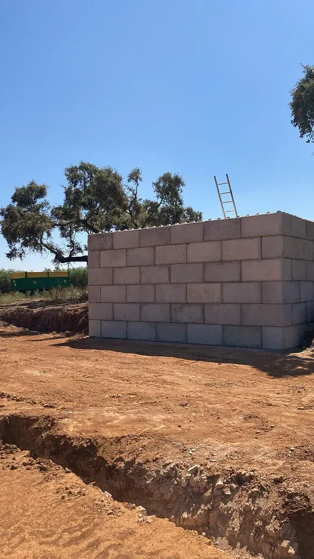 Un gran muro de ladrillos se encuentra en el medio de un campo de tierra.