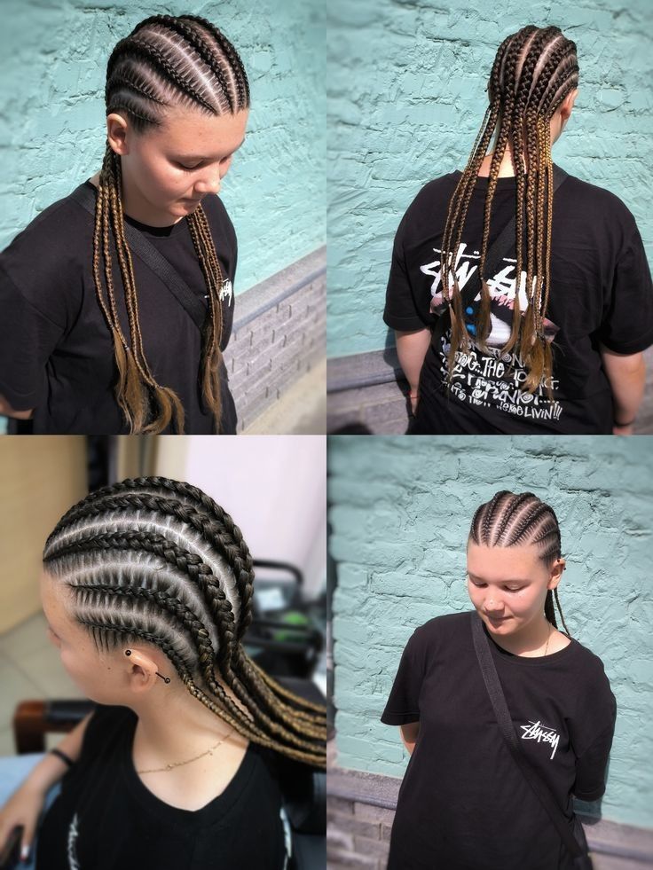 Collage de trenzas africanas en una persona con una camiseta negra, mostrado desde el frente