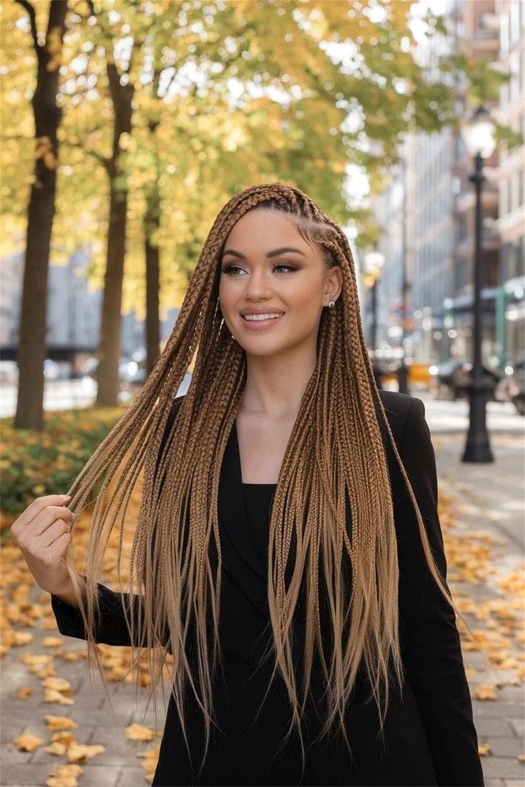 Una persona sonriente con largas trenzas está de pie en una calle arbolada en otoño, vestida de negro.