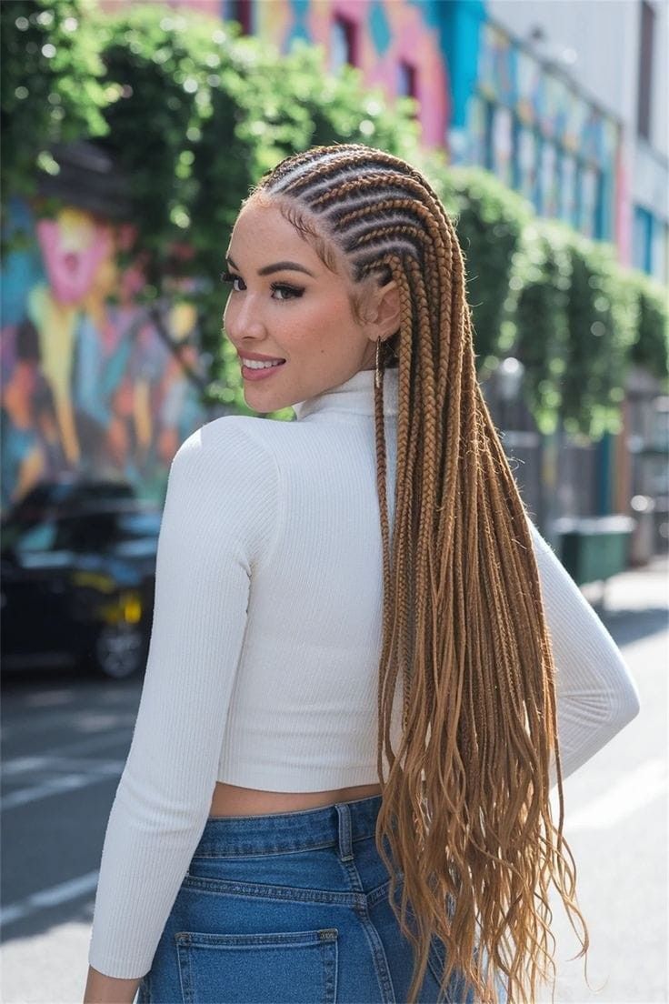 Mujer con cabello largo trenzado, vestida con una blusa blanca y jeans, mira hacia atrás en una calle de la ciudad