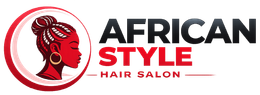 Logotipo de salón de belleza de estilo africano con silueta de mujer roja y texto negro sobre fondo blanco.