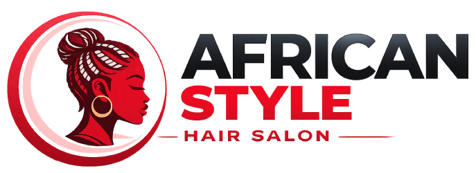 Logotipo de salón de belleza de estilo africano con silueta de mujer roja y texto negro sobre fondo blanco.