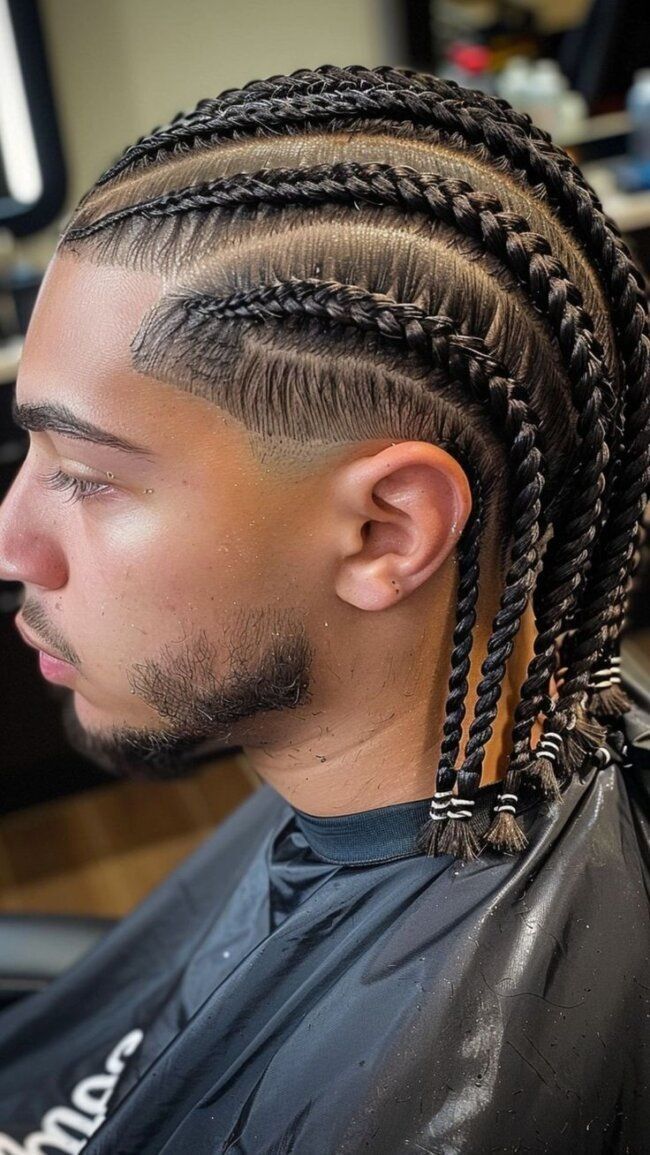 Perfil de un hombre con trenzas africanas y barba recortada, sentado en una silla de barbero.