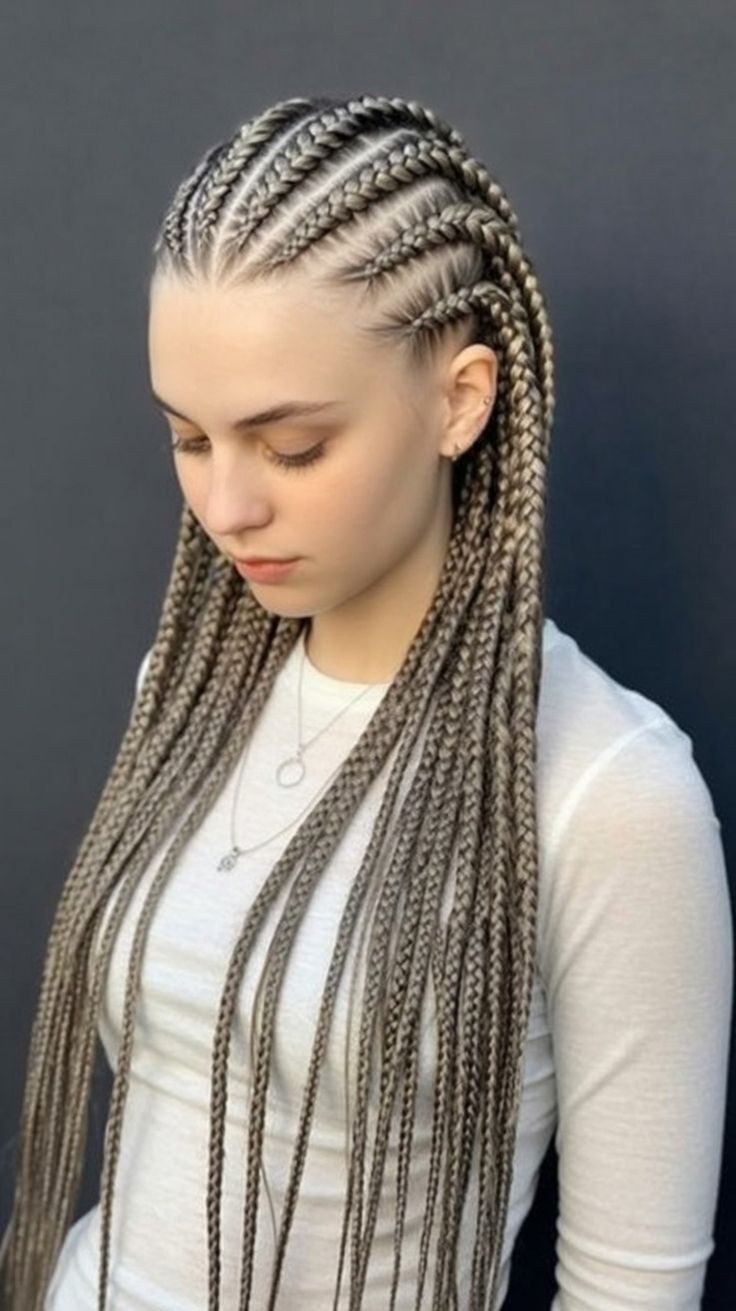 Persona con cabello largo trenzado mirando hacia abajo, vistiendo una blusa blanca sobre un fondo oscuro.