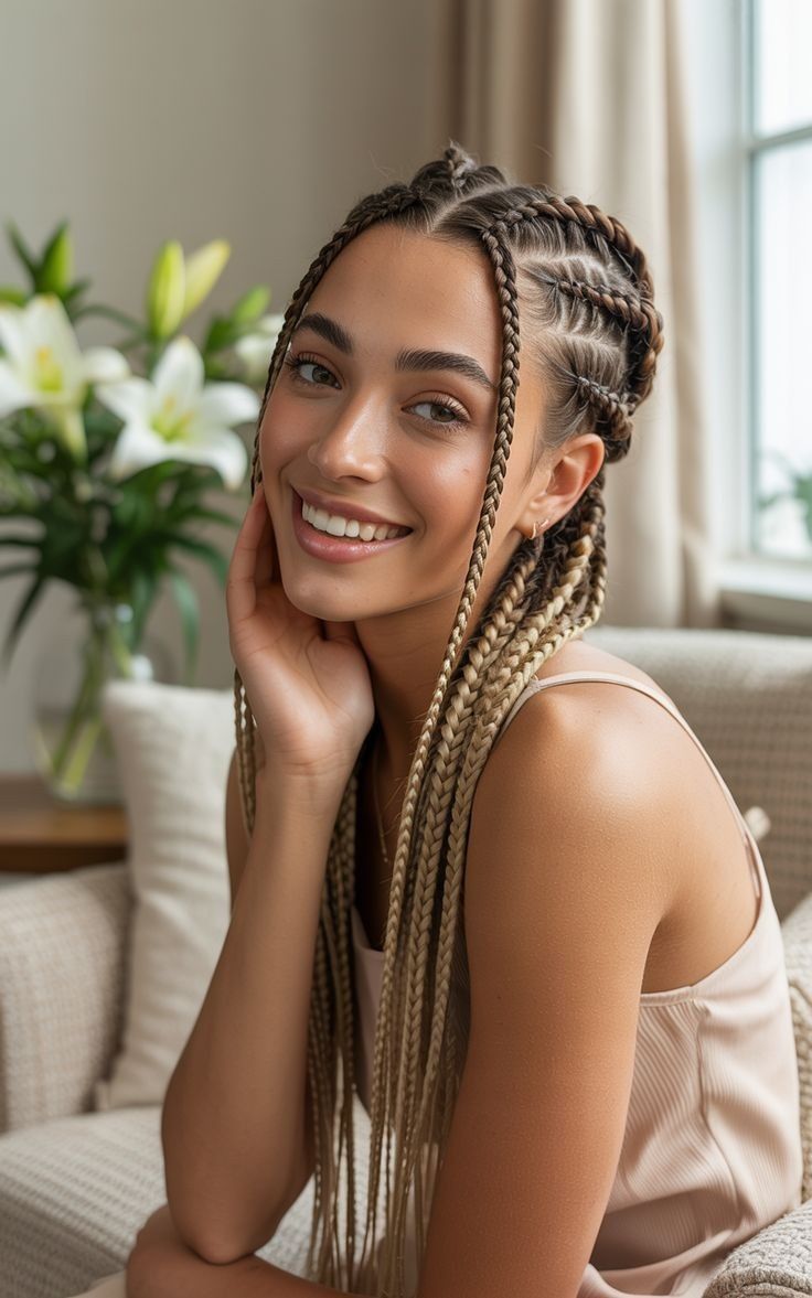 Persona sonriente con largas trenzas sentada junto a una ventana, con la mano en la cara y flores blancas al fondo.