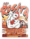 Logotipo: Casa Rosita con un pollo blanco sosteniendo una flor roja.