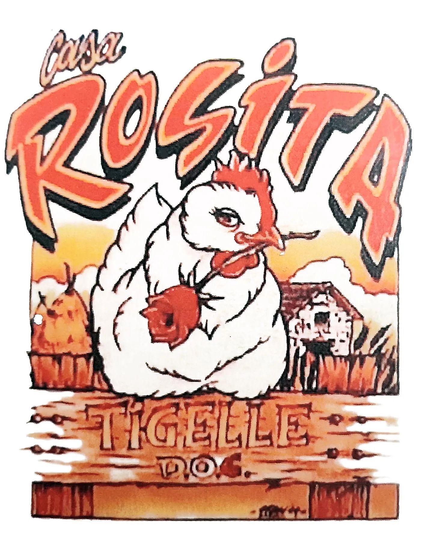 Logotipo: Casa Rosita con un pollo blanco sosteniendo una flor roja.