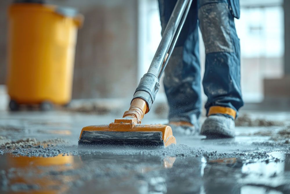Une personne en bottes de travail aspire des débris sur un sol mouillé ; un seau jaune est visible en arrière-plan.