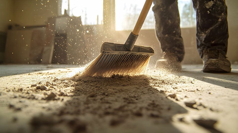 Un ouvrier qui balaie des saletés de chantiers