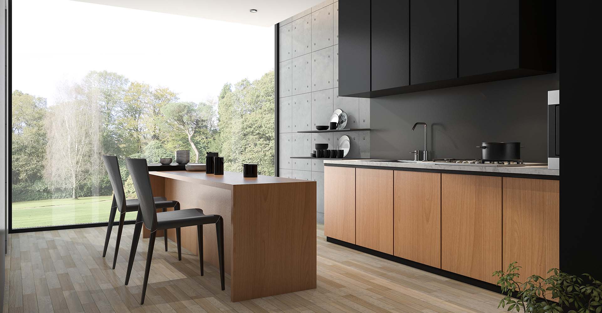 Cuisine moderne couleur bois et noir avec une très grande vitre