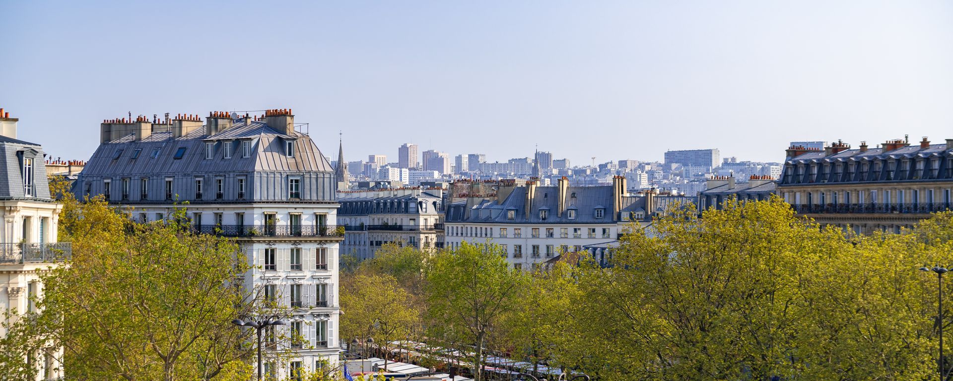 Panorama parisien, avec ses boulevards arborés et ses immeubles haussmanniens.