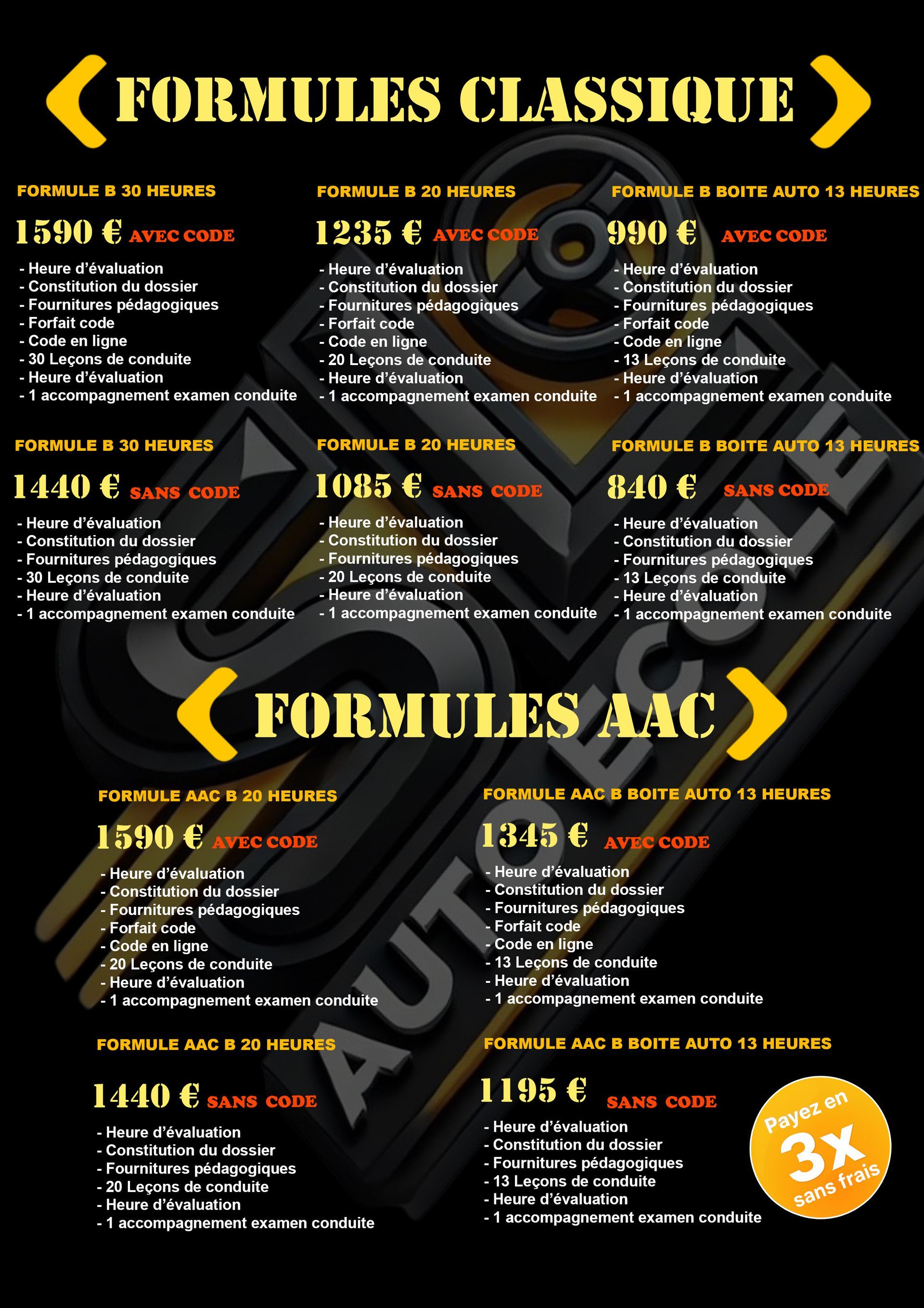 Le tarif de l'auto-école.
