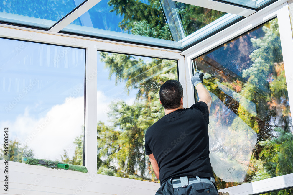 Person wischt Staub von einer Friedenslilie mit einem Tuch ab; Innenaufnahme.