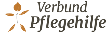 Verbund Pflegehilfe logo with gold leaf icon and gray text on a white background
