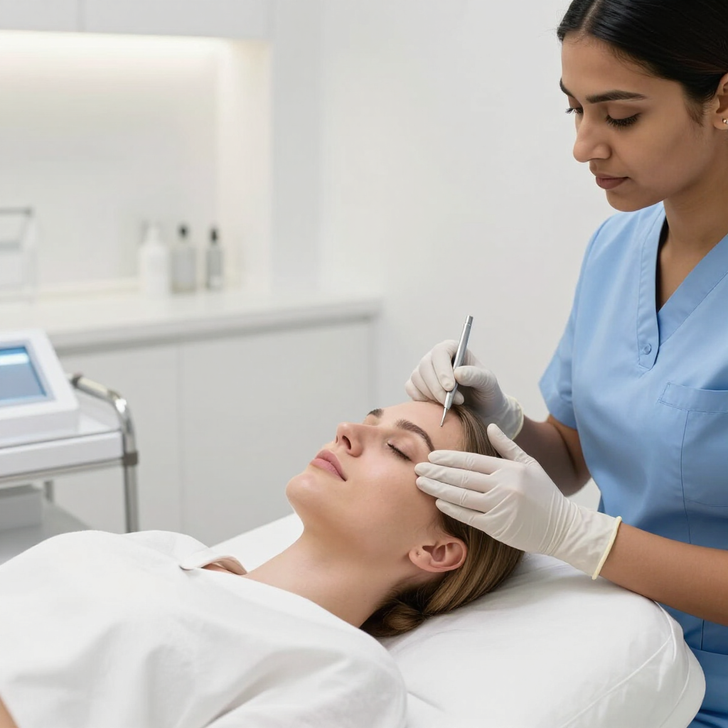 Una esteticista realiza un tratamiento de cejas a una clienta en una clínica de spa limpia.