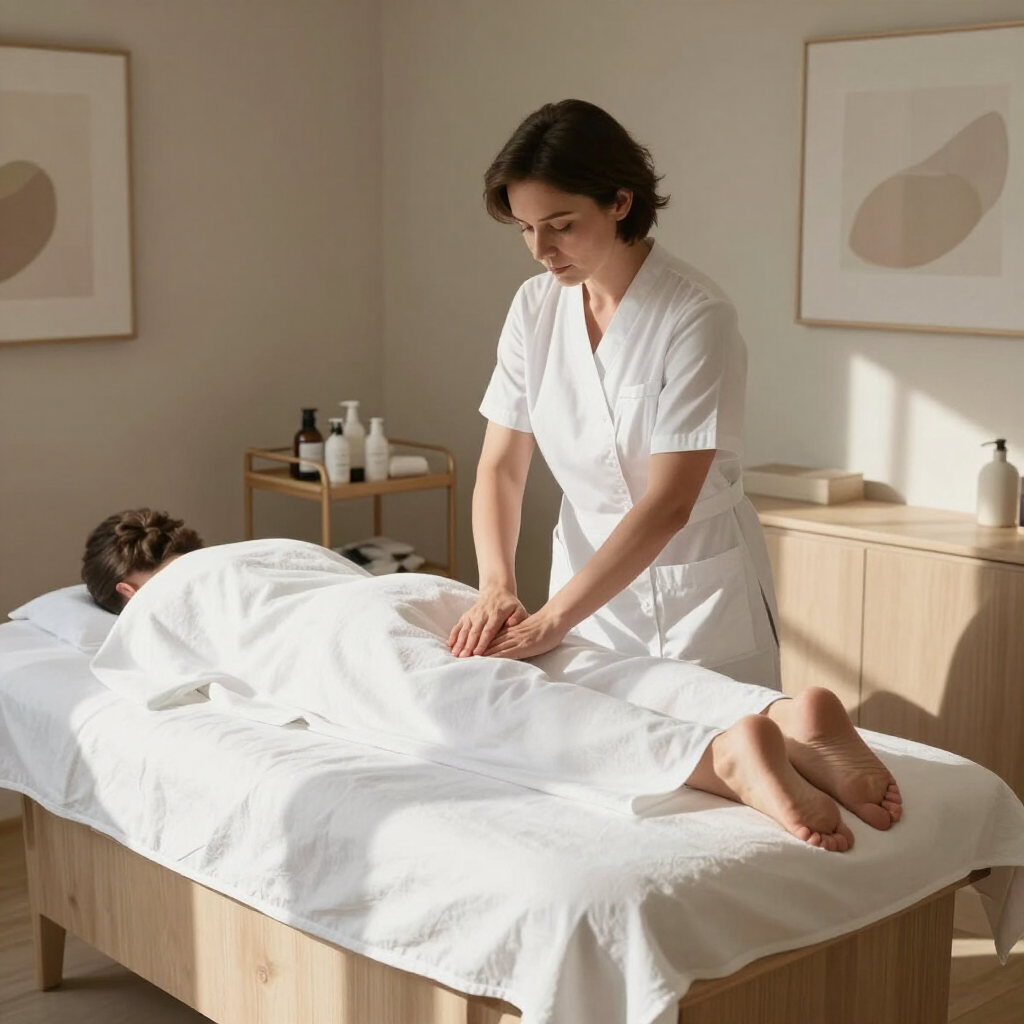 Masajista dando un masaje de espalda a un cliente en una camilla de tratamiento en una sala de spa.