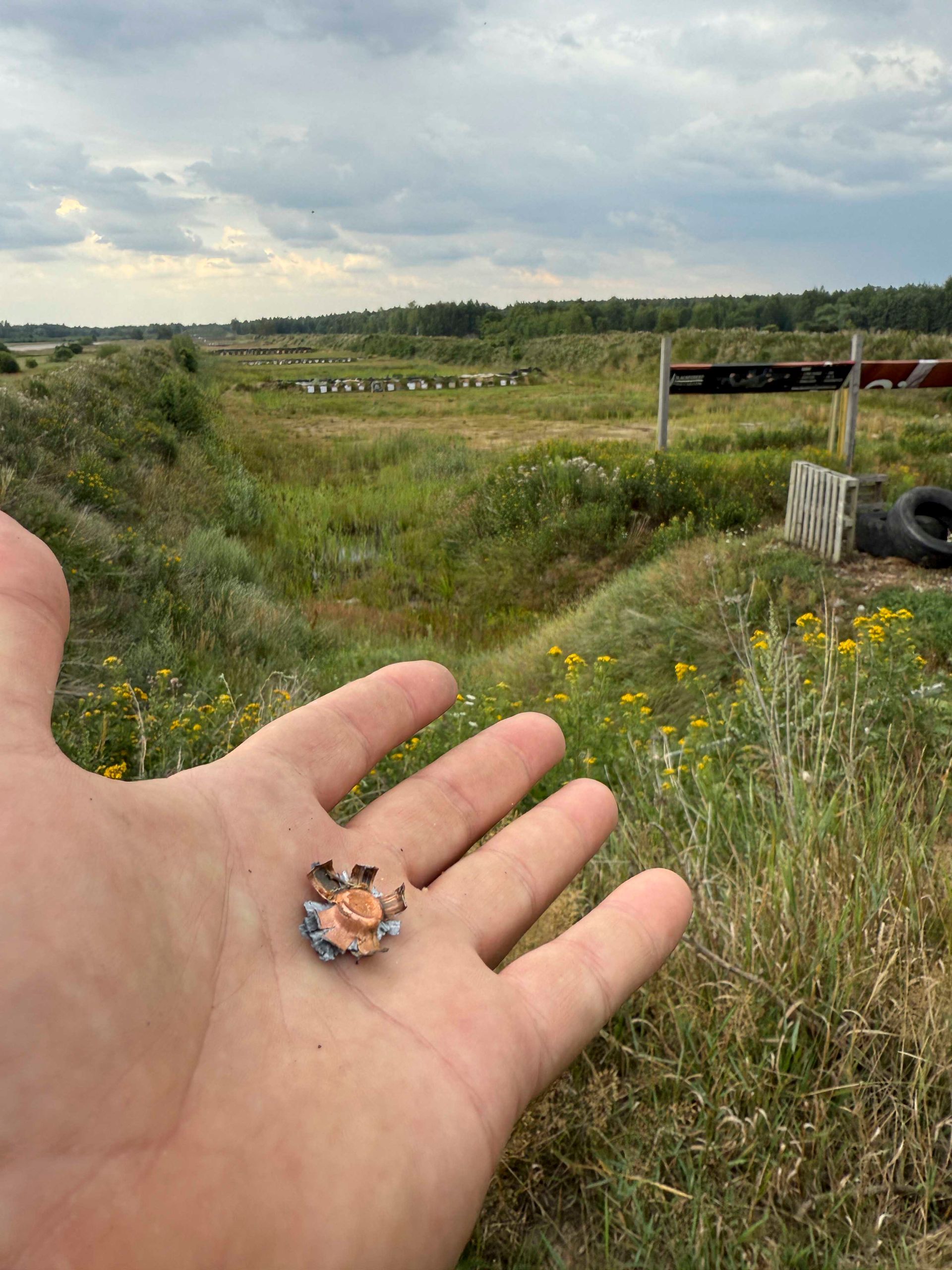 Eine Hand hält kleine Trümmerteile, vermutlich ein Geschossfragment, in einem grasbewachsenen Feld