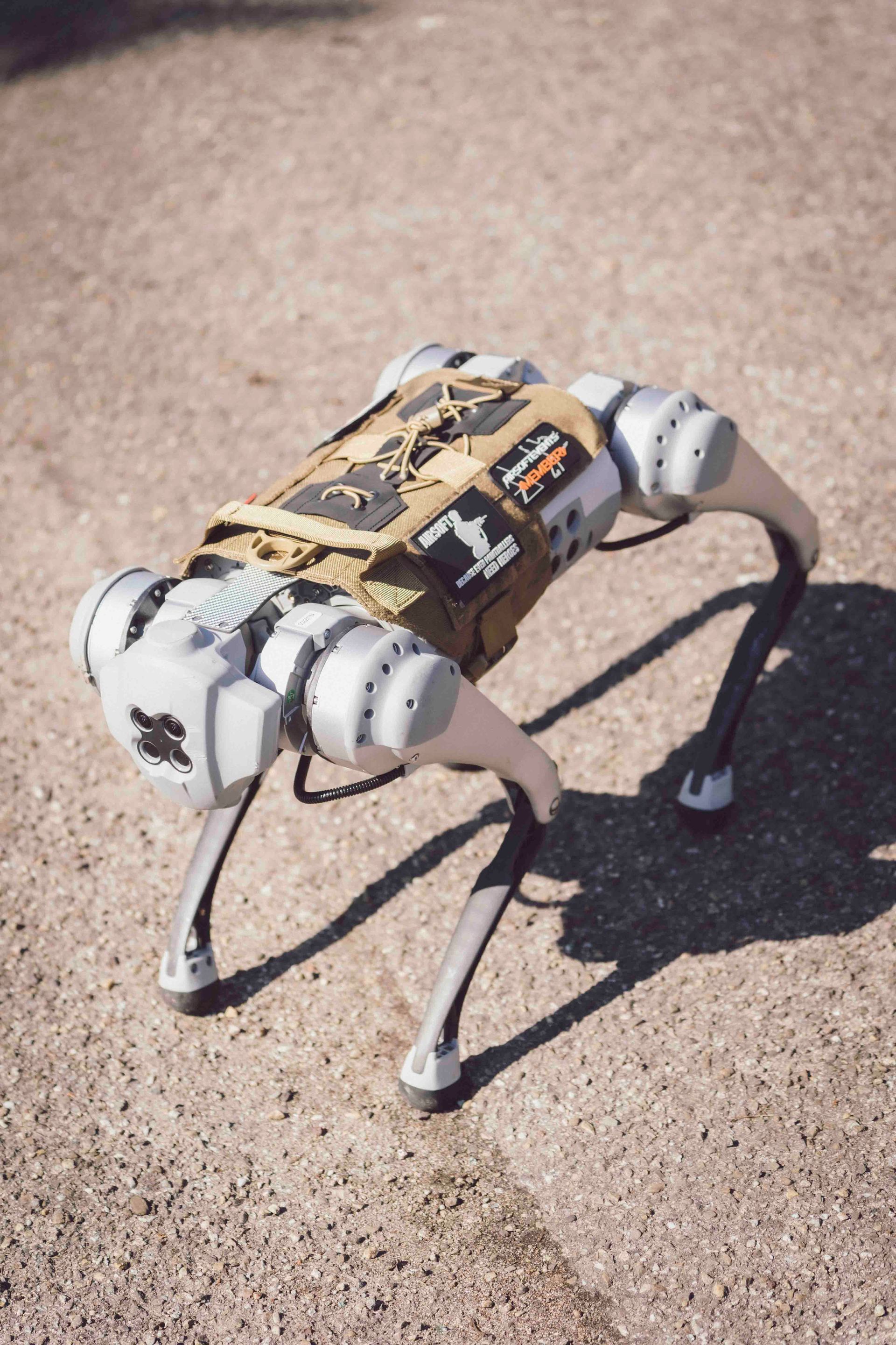 Roboterhund mit grauem Körper und Beinen, der eine taktische Weste trägt, steht auf dem Bürgersteig.