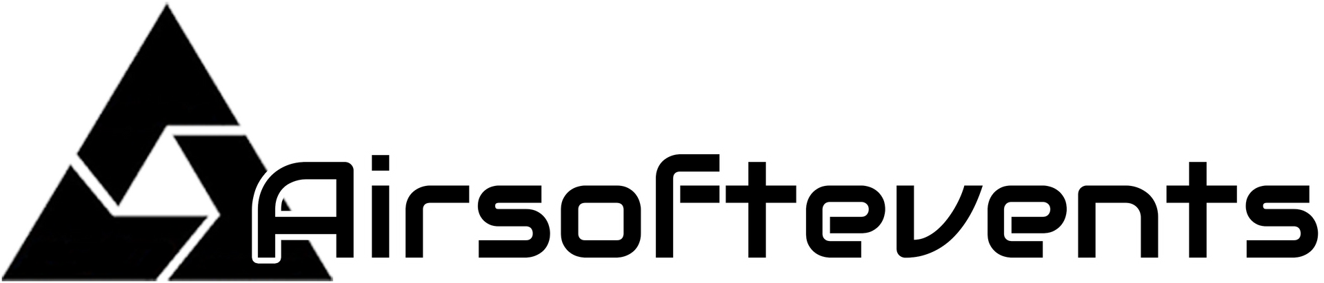 Logo von AirsoftEvents: Schwarzes Dreieck mit einem weißen Dreieck und dem Schriftzug „Airsoftevents“ in Schwarz.