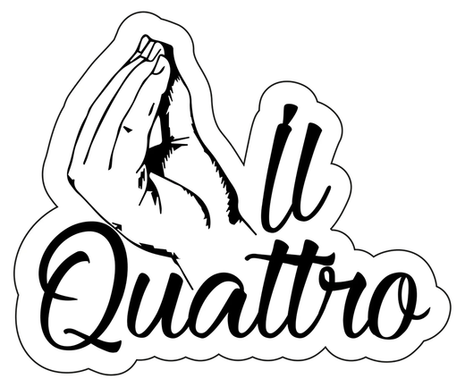 Un dibujo en blanco y negro de un logotipo quattro con una montaña en el fondo.