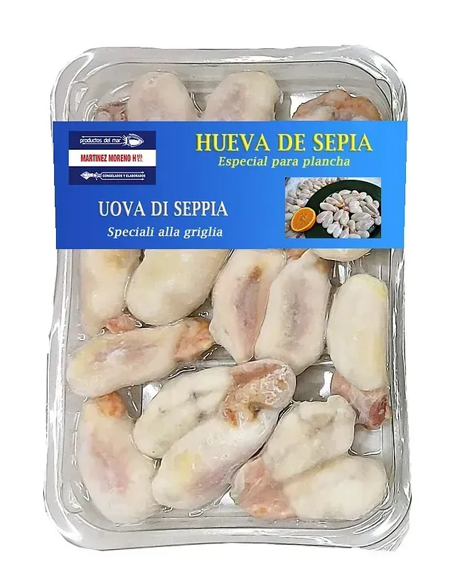 Un recipiente de plástico con una etiqueta que dice hueva de seppia