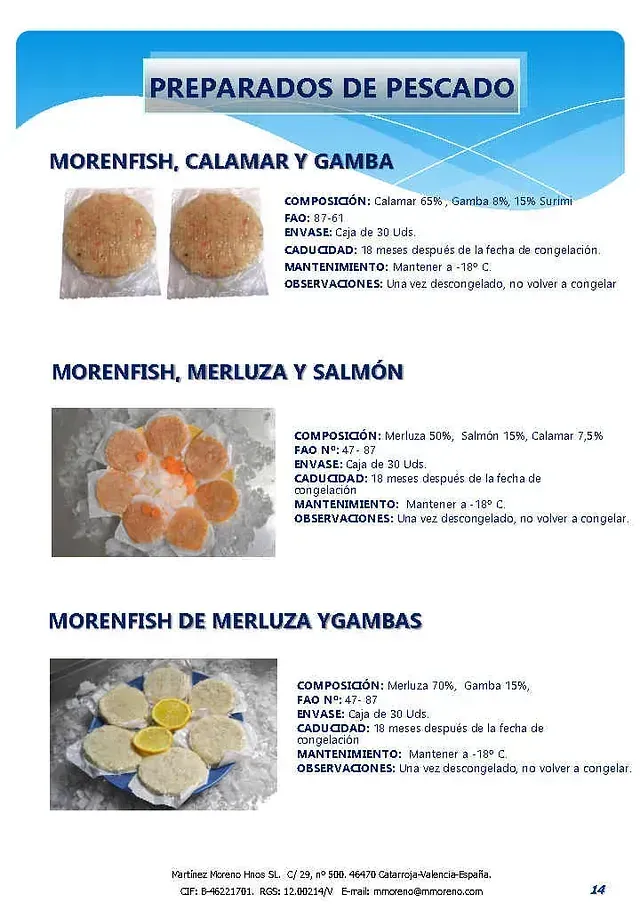 Preparados de pescado morenfish calamary y gamba morenfish merluza y salmon morenfish de merluza ygambas